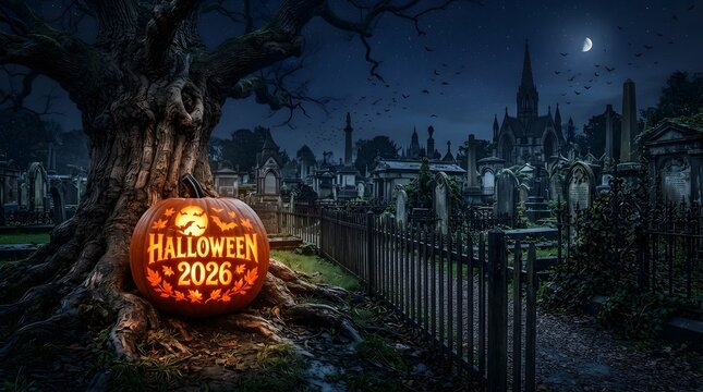Glowing halloween 2026 pumpkin lantern in a dark spooky cemetery at night under a full moon