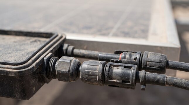 Solar panel junction box and cable connectors, photovoltaic wiring system close up, renewable energy hardware installation
