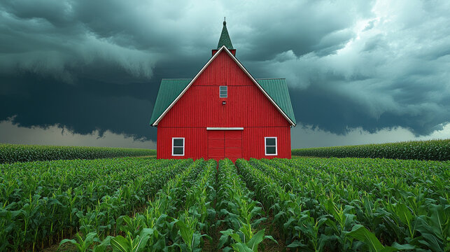 Dramatic Red Barn in Cornfield Under Stormy Sky