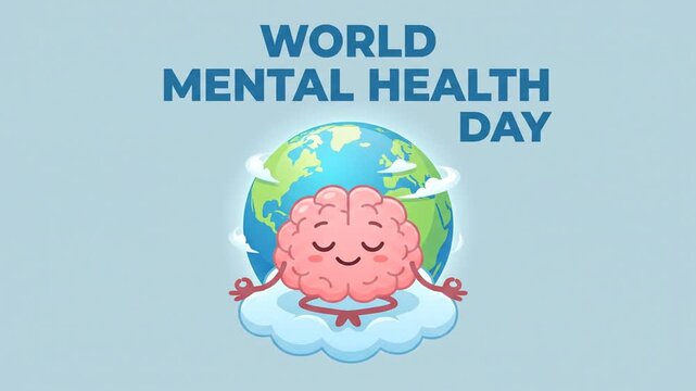 Cartoon Brain Meditating In Lotus Position For World Mental Health Day