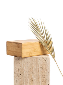 Wooden podium with palm leaf for product presentation-(Podium kayu dengan daun palem untuk presentasi produk)