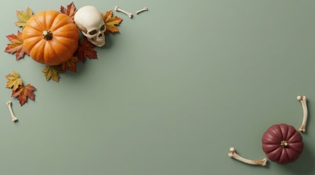 Autumn Halloween composition with pumpkins skull and leaves on a muted green background