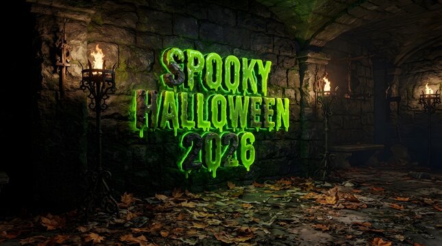 Spooky halloween 2026 text sign with green glowing letters in a dark stone dungeon hallway