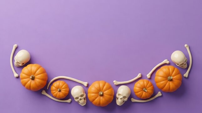 Miniature pumpkins and skulls arranged with bone fragments on a purple background