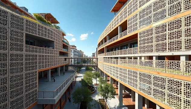 Modern urban residential complex with perforated screen facade panels and connecting skybridge