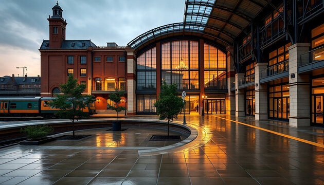 Historic red brick train station integrated with modern glass terminal hall on wet platform at dusk