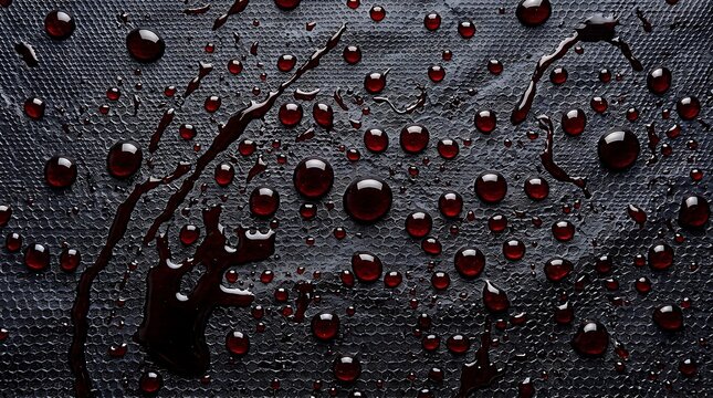 Abstract pixel art with glowing red dots and black spheres on dark background