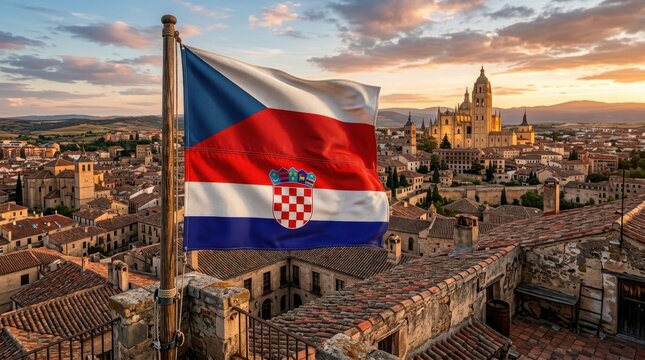 Croatian flag waves over historic European cityscape at sunset , European football tournament.