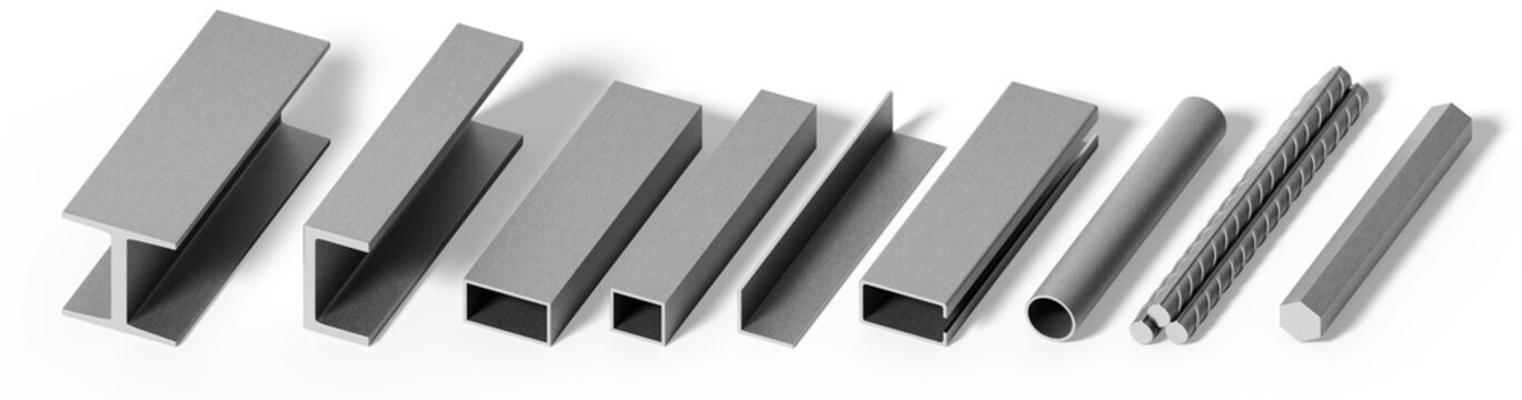 Isometric steel metal profiles and rebar 3d set. Isolated beam, hollow section tube, pipe, girder, angle, channel, hexagonal bar. Metallurgy products, building construction materials. 3D illustration