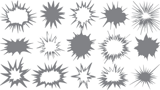 Monochrome comic book burst symbols featuring expressive lines energetic shapes and dramatic explosion effects for creative projects