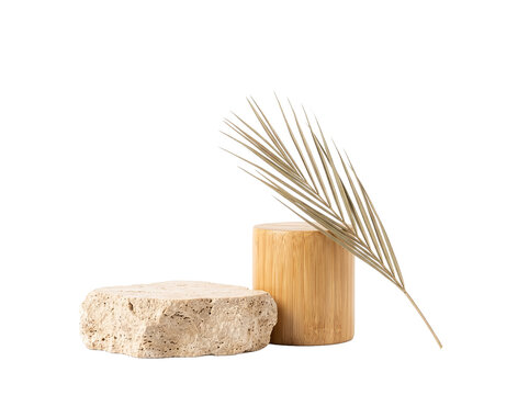 Natural wooden and stone podiums with dry palm leaf-(Podium kayu dan batu alami dengan daun palem kering)