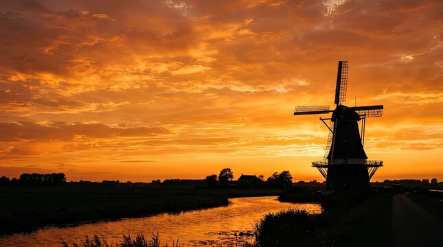 silhouette of a windmill at sunset with vibrant orange sky