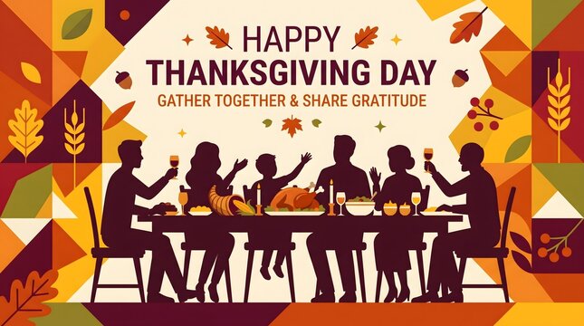 Geometric Vector Illustration of Family Dinner Silhouette for Thanksgiving.