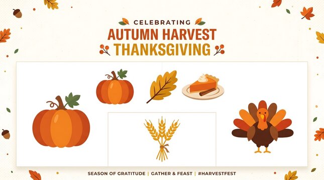 Autumn Harvest Thanksgiving Icons Set Flat Illustration Banner.