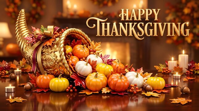 Golden Cornucopia Horn of Plenty Spilling Pumpkins Thanksgiving Banner.