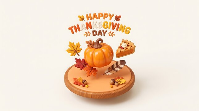 3D Happy Thanksgiving Day Banner with Pumpkin Pie and Autumn Elements.