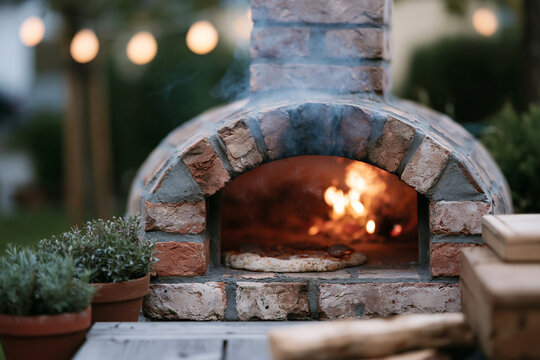 Warm fire glows inside rustic stone oven. Wooden logs rest beside outdoor cooking hearth. String lights glow softly in background. Potted herbs sit nearby, adding garden charm