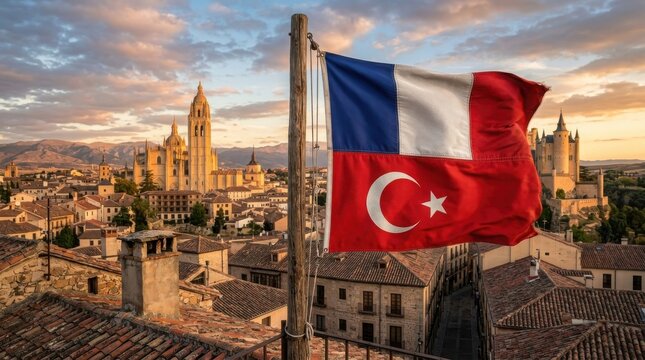 French and Turkish flags waving over medieval European cityscape at sunset , European football tournament.