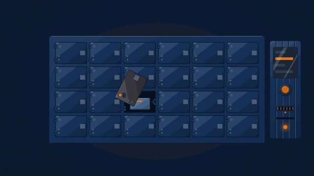 Abstract animated parcels assigned to locker compartments drawn as blue and cyan lines and shapes on a deep dark background. Seamless looping 4K motion graphics video with free space for text, ideal f