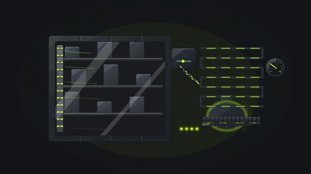 Abstract animated fridge compressor cycling on duty drawn as cool blue-white lines and shapes on a deep dark background. Seamless looping 4K motion graphics video with free space for text, ideal for s