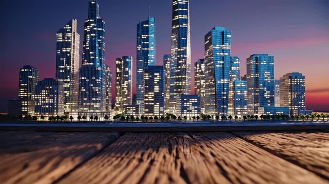 Modern cityscape at dusk with glowing skyscrapers and a wooden foreground, urban development and business concepts