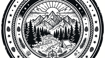 Naklejka premium Mountain Peak Badge Design with Camping Tent and Forest Landscape Illustration