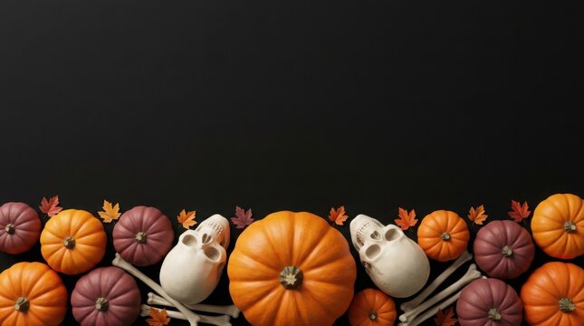Halloween pumpkins and skulls arranged with autumn leaves during a festive celebration