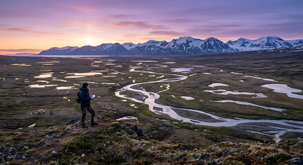 Obraz premium Hiker stands on a high mountain ridge overlooking a vast river valley during a colorful sunset.