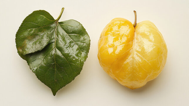 Green Leaf and Yellow Fruit on White Background, Healthy vs Unhealthy Concept