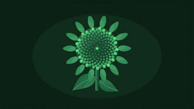Abstract animated phyllotaxis spiral growing outward drawn as green and teal lines and shapes on a deep dark background. Seamless looping 4K motion graphics video with free space for text, ideal for s
