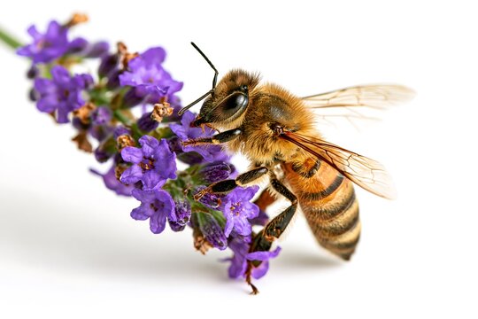 A honey bee collecting nectar from a purple lavender flower isolated on white background