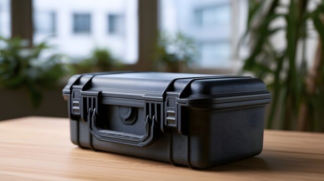 A black protective case rests on a wooden surface with soft natural light and blurred greenery in the background