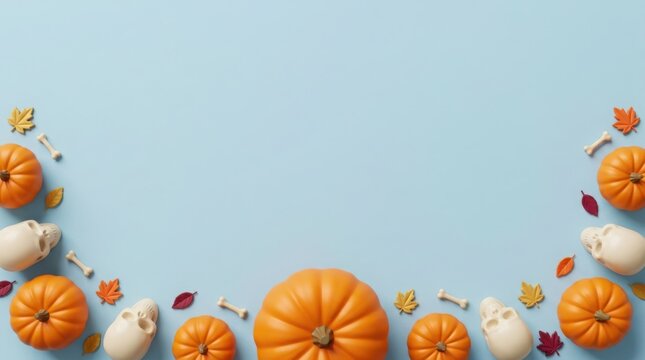 Autumn pumpkins and skulls arranged with fall leaves on a pastel blue background