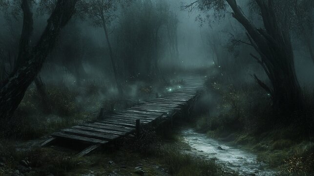 Mystical fog-shrouded forest path with glowing flora