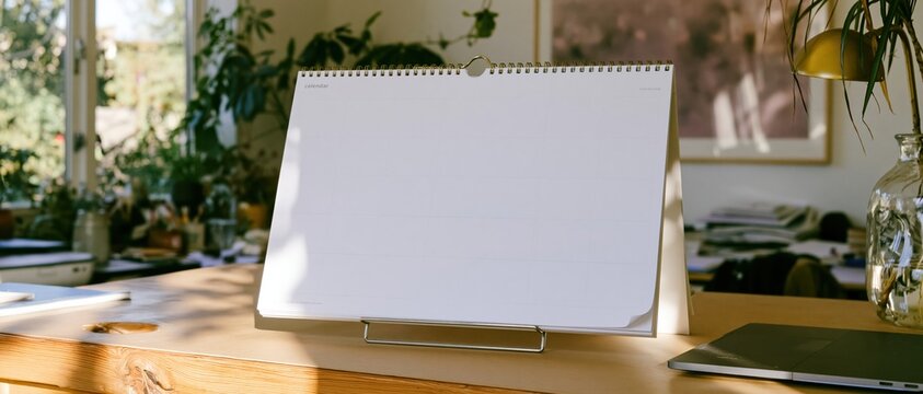 Blank desk calendar with a white grid on a wooden counter, featuring soft light and copy space for business planning and mockups