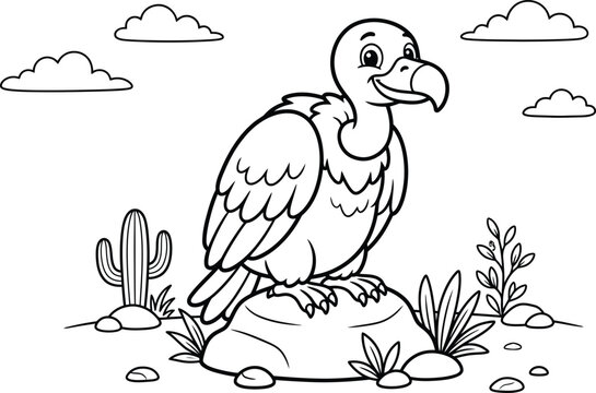 Black and white illustration of a vulture perched on a rock in a desert landscape