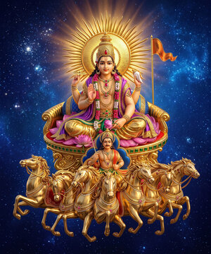 Glorious divine entity in Hinduism radiating bright golden light while seated on a beautifully decorated chariot