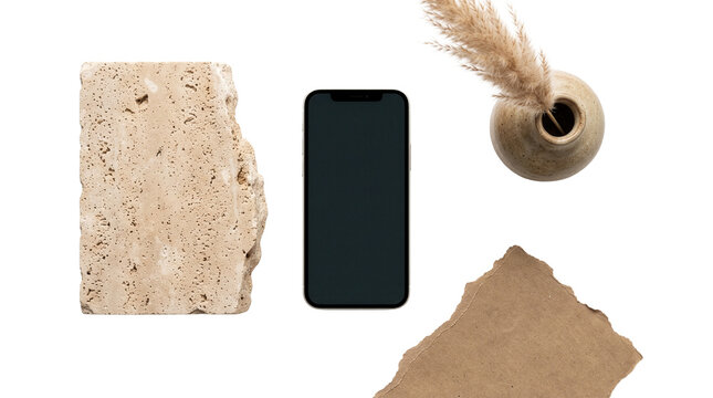 Minimalist Smartphone Mockup with Natural Decor Elements-(Mockup Ponsel Minimalis dengan Elemen Dekorasi Alami)