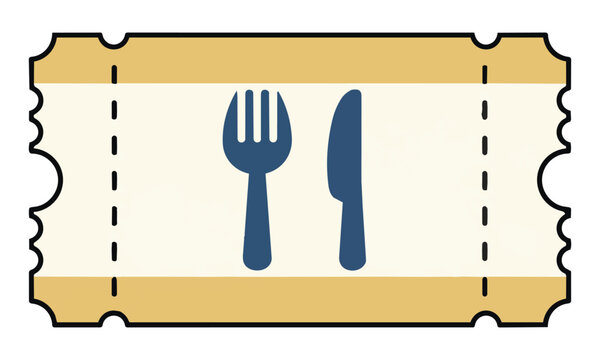 Minimalist dining voucher ticket icon featuring a fork and knife symbol on an isolated white background. Restaurant promotion concept