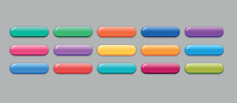 Glossy Pill Shaped Web Button Set with Colorful Gradient Styles for Digital Application Navigation, Mobile App UI and Website Design