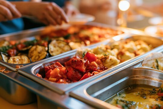 Buffet line of stainless service trays with grilled aubergine and roasted peppers, featuring oily textures and warm lighting for catering and canteen service campaigns with copy space