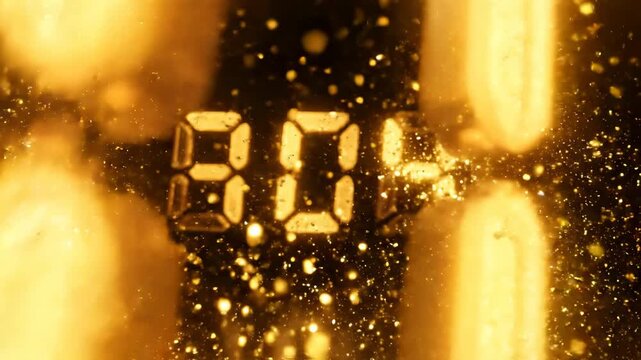 Digital clock countdown timer numbers breaking apart with golden particles exploding outwards, concept of time running out