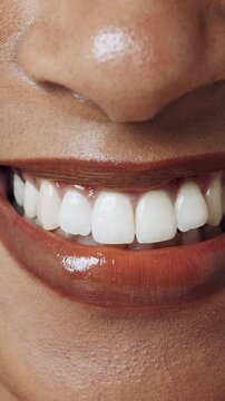 Woman, mouth or smile with teeth for dental hygiene, beauty lipstick or makeup cosmetics. Closeup, happy or female person with tooth whitening or gum care for oral cleaning, dentistry or orthodontics