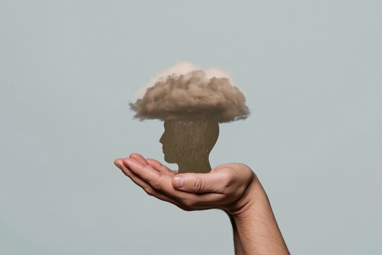 Human hand holding a silhouette of a head with a rain cloud, featuring soft wrap light and a matte finish for mental health and emotional support