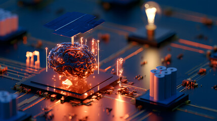 Naklejka premium A smart grid circuit board, with a glowing lightbulb and battery storage, is connected by an AI hologram