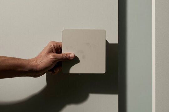 Access card held against a security reader by a hand, featuring a clean blank surface and minimal lighting for biometric and smart building mockups