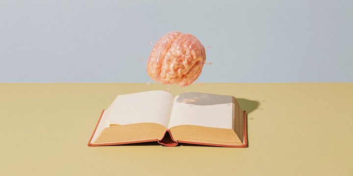 Open hardback book with a translucent brain floating above the pages, featuring weathered paper and a blue background for copy space