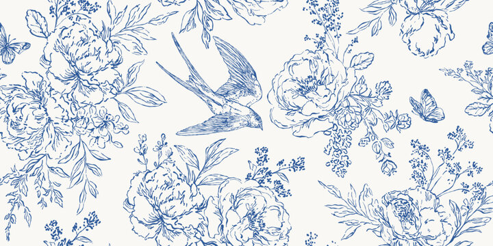 Vintage flower seamless pattern background. Baroque line art victorian rococo floral vintage blue print luxury botanical ornament with bird swallow, leaves, butterflies.. Vector outline illustration