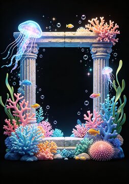 Symmetrical centered stone frame with layered marine life, glowing accents and bubbles adding dreamy depth