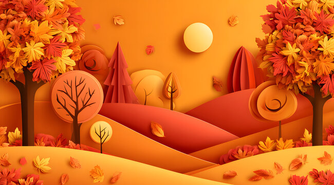 A seasonal paper art background for the first day of fall, featuring an autumn landscape with trees, a text overlay on hills and trees, a template including paper leaves and craft elements, suitable f
